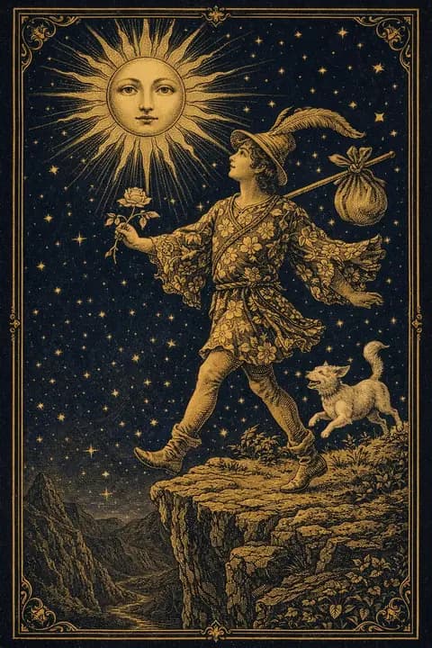 El Loco, carta 0 de la baraja de tarot Rider-Waite-Smith de 78 cartas, a punto de bajar de un acantilado