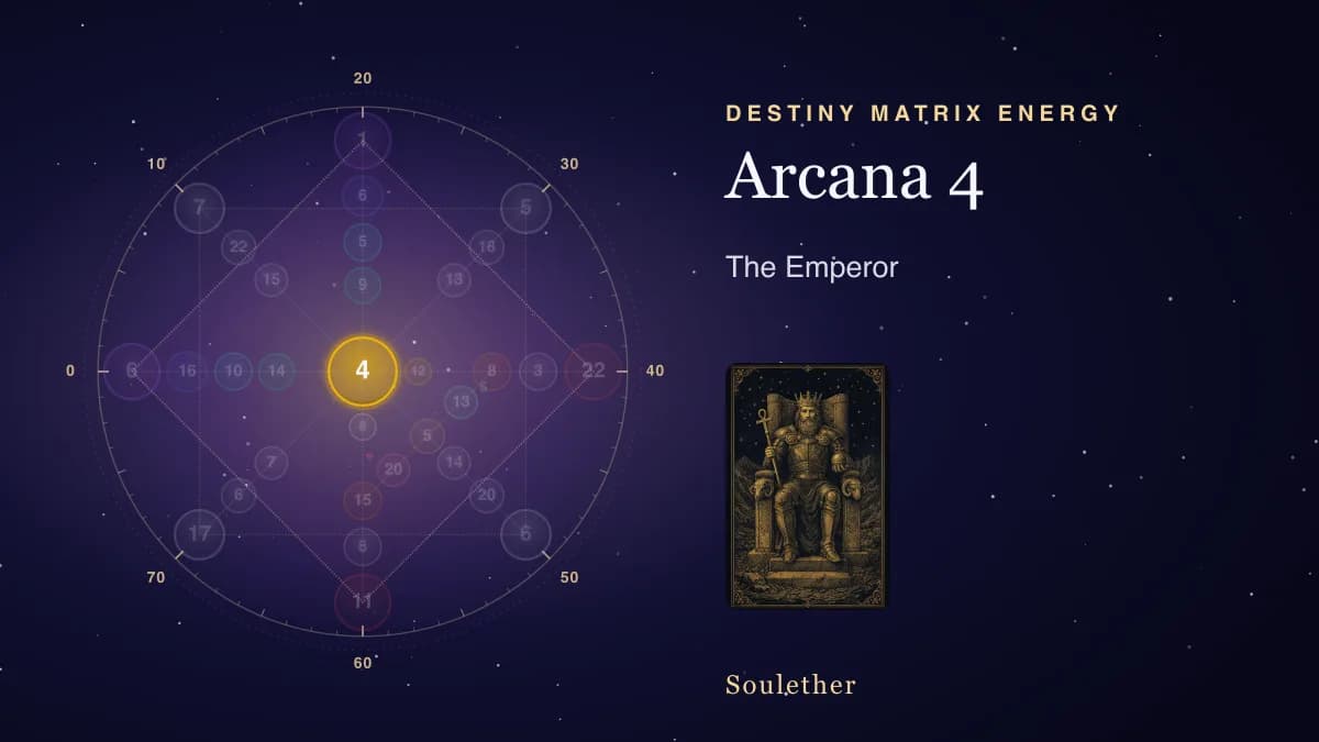 Destiny Matrix chart with arcana 4, The Emperor, lit wherever it sits, beside its tarot card