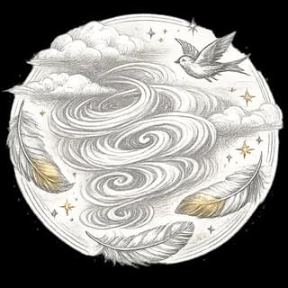 Air signs illustration: a swallow over swirling wind, clouds and drifting feathers