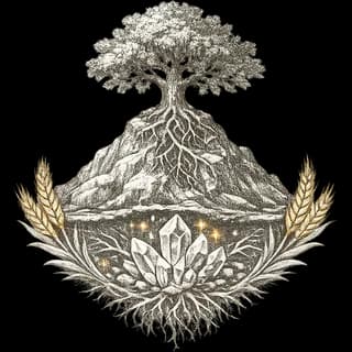 Earth signs illustration: an oak on a hill with its roots around crystals, framed by ears of wheat