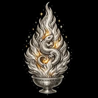 Fire signs illustration: a salamander in flames rising from a bowl, the old symbol of the fire element