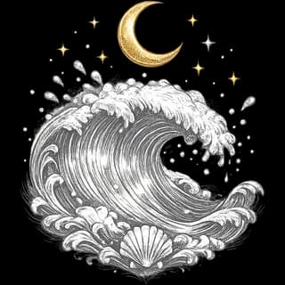 Water signs illustration: a breaking wave under a crescent moon, with a scallop shell