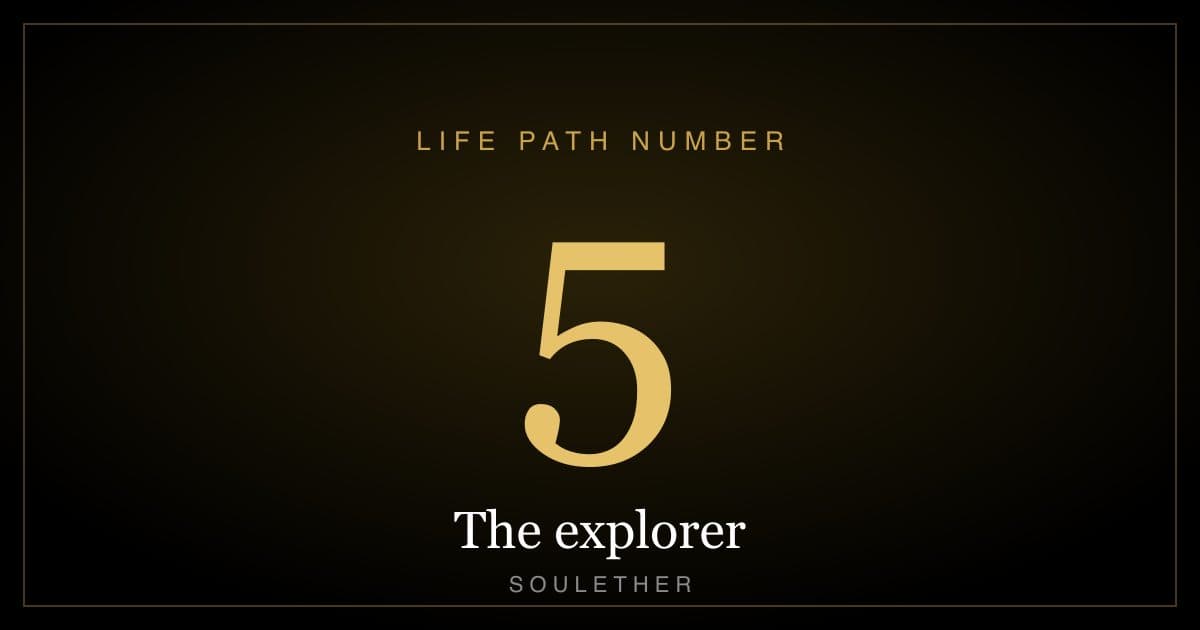 Life path number 5, the explorer, in gold on black