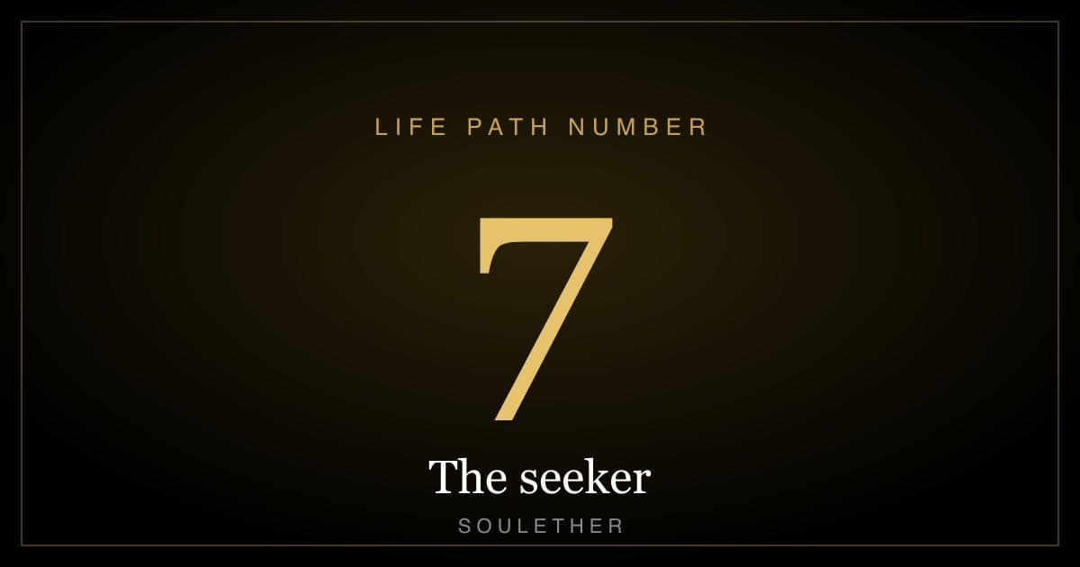 Life path number 7, the seeker, in gold on black