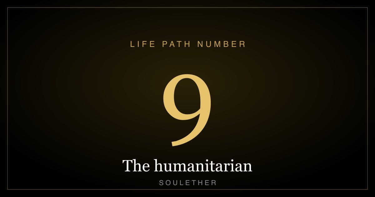 Life path number 9, the humanitarian, in gold on black