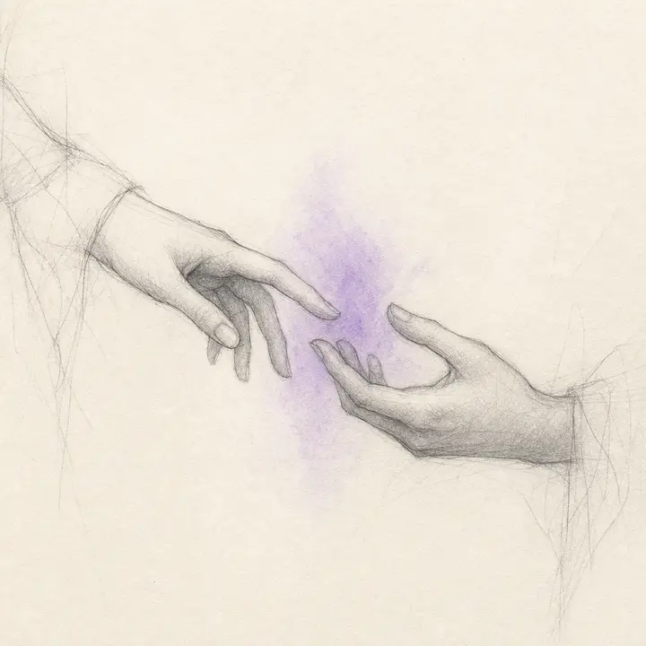 Two hands drawn in pencil reaching toward each other through a soft violet glow