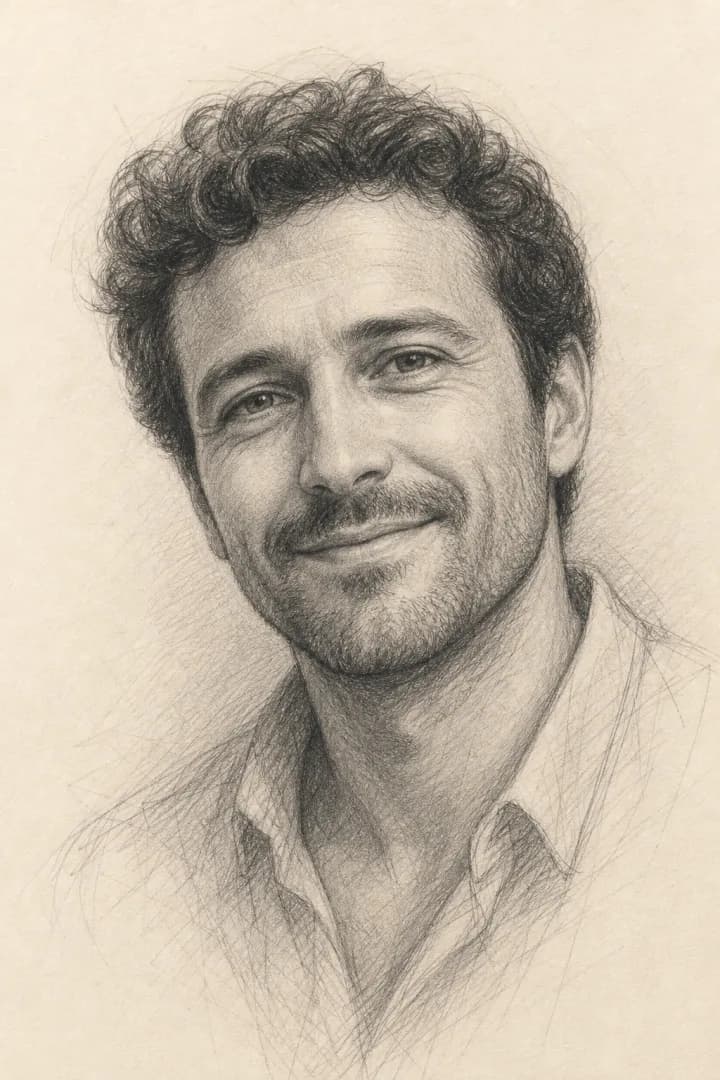 An AI-generated pencil sketch of a man with curly hair and a short beard, a sample of the Soulether style