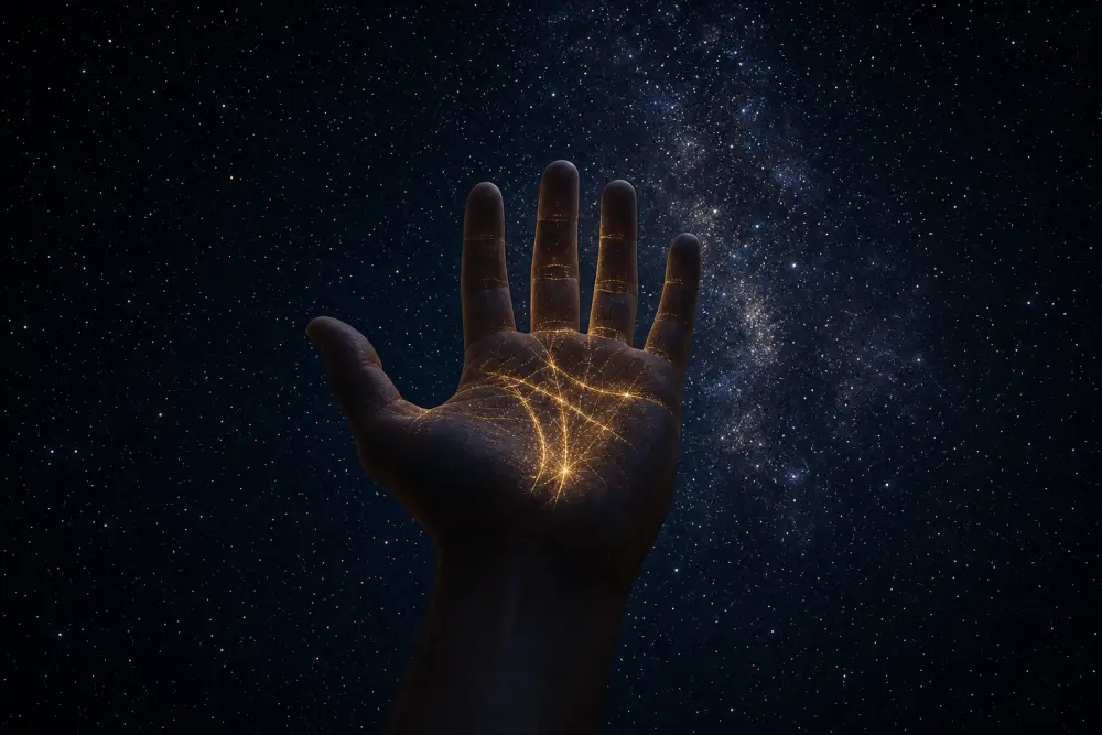 Una palma abierta contra un cielo nocturno, con sus líneas brillando en dorado