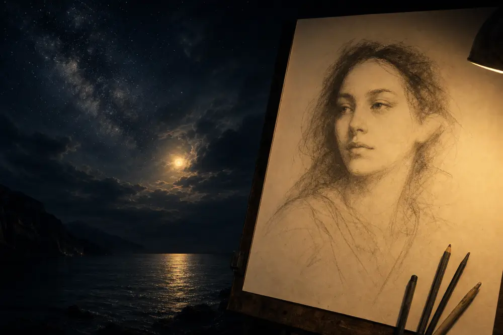 Un retrato a lápiz de una mujer en un caballete bajo una lámpara, junto a un mar iluminado por la luna